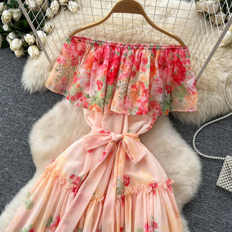 ruffled patchwork waist slimming and elegant printed chiffon dress
