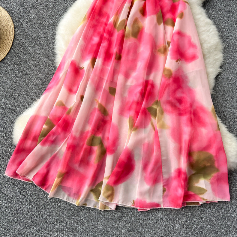 fairy suspender rose print chiffon dress