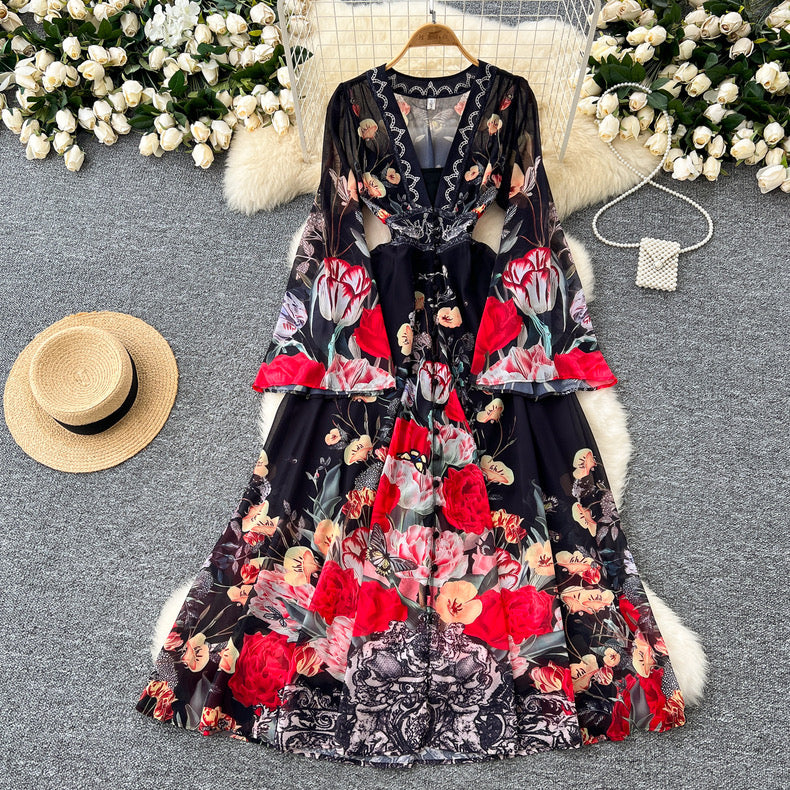 fashionable positioning print deep V-neck dress