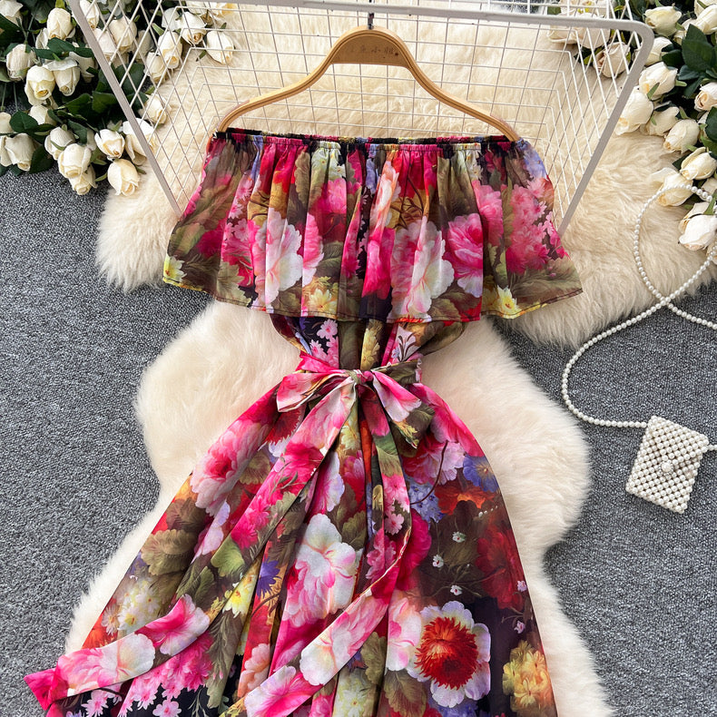 ruffled patchwork waist slimming and elegant printed chiffon dress
