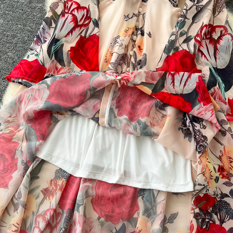 fashionable positioning print deep V-neck dress