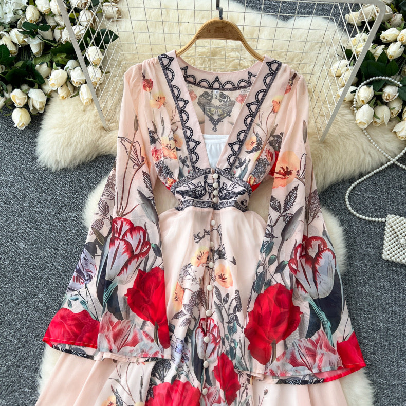 fashionable positioning print deep V-neck dress