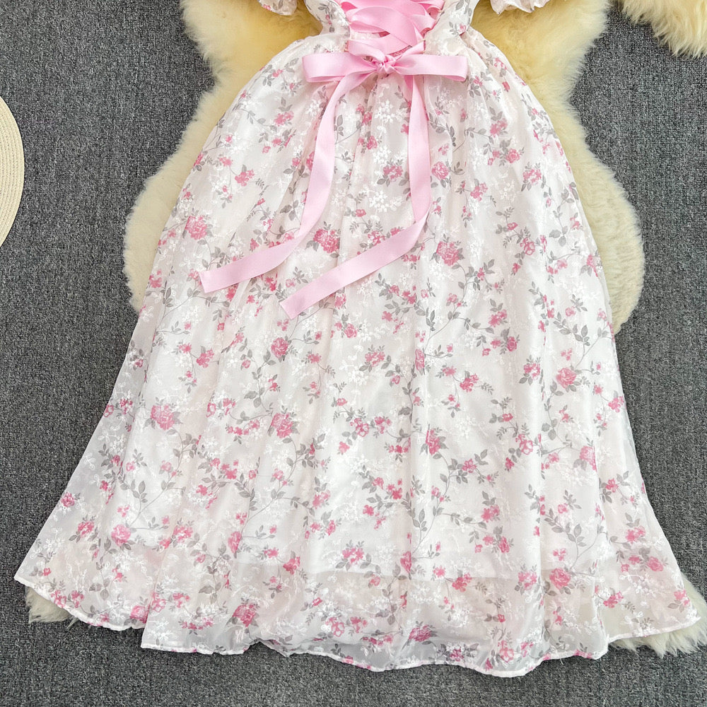 embroidery sweet bubble short sleeves waist slimming chiffon dress