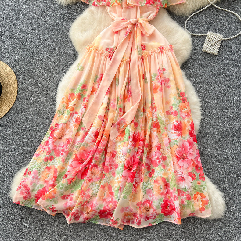 ruffled patchwork waist slimming and elegant printed chiffon dress