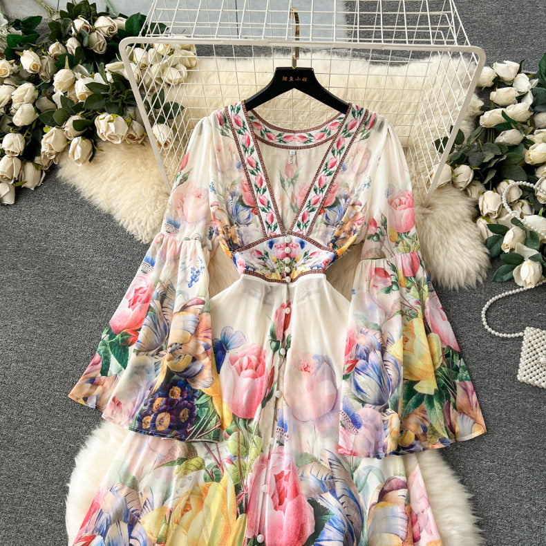 palace style bell sleeves chiffon ruffle dress