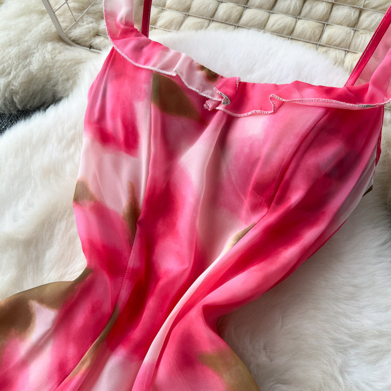 fairy suspender rose print chiffon dress