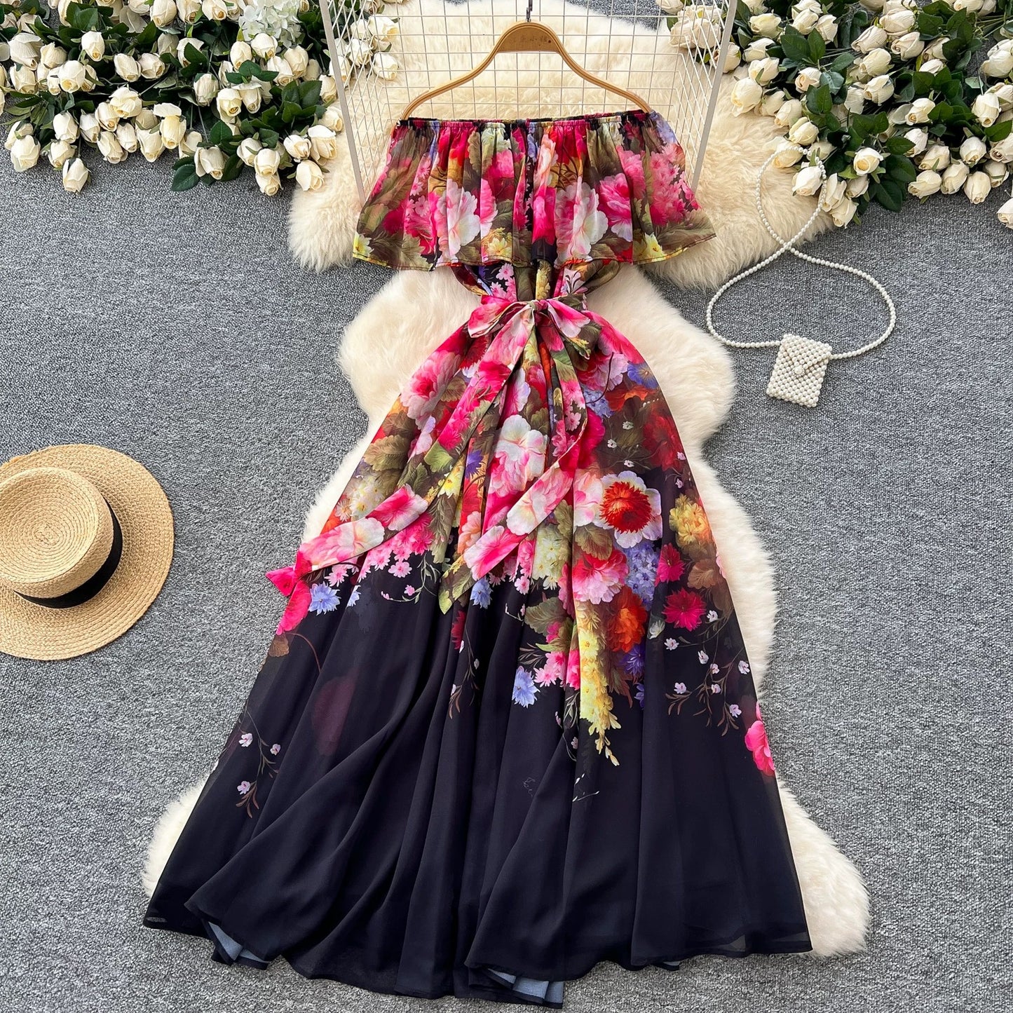 ruffled patchwork waist slimming and elegant printed chiffon dress