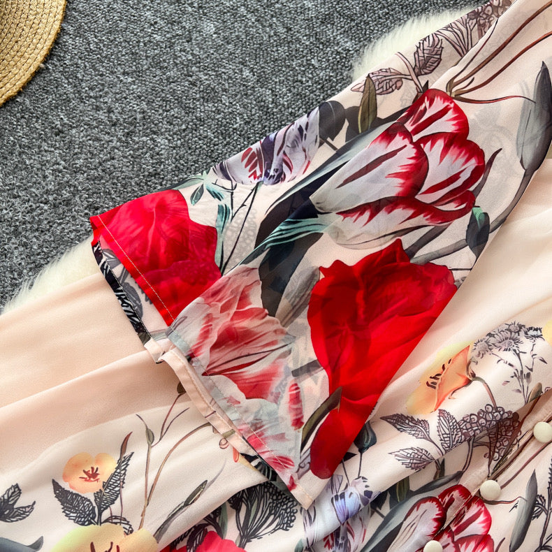 fashionable positioning print deep V-neck dress