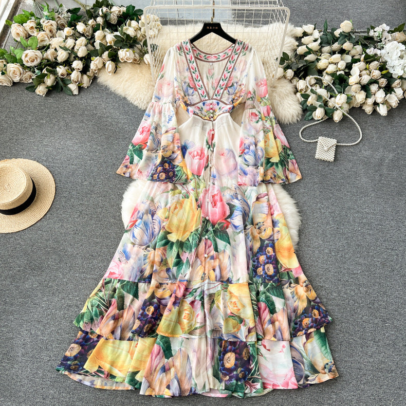 palace style bell sleeves chiffon ruffle dress