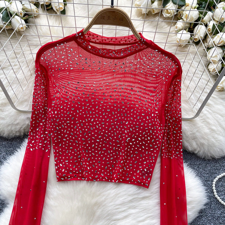 see-through, mesh heavy-duty rhinestone work blouse