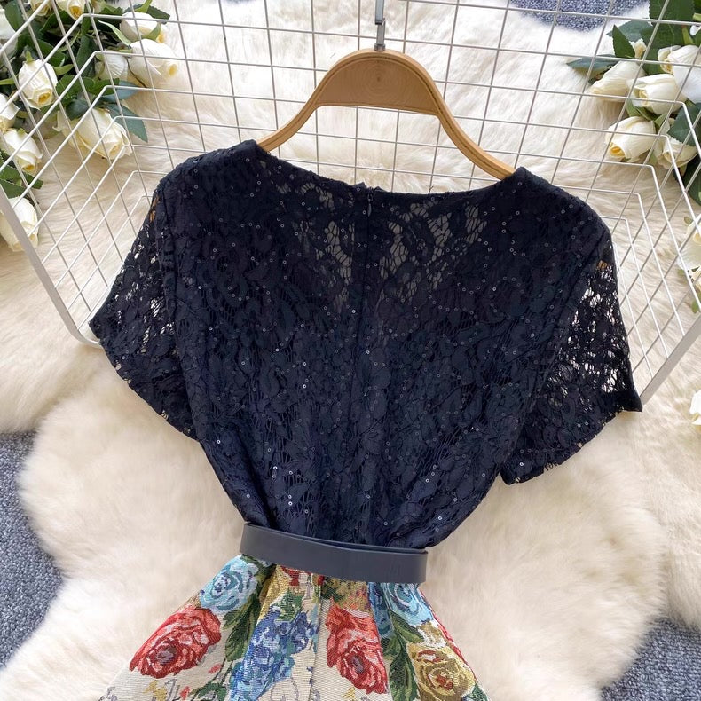 short-sleeved lace patchwork jacquard dress
