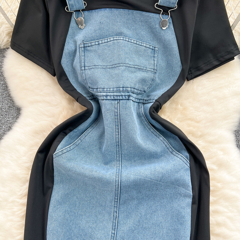 short-sleeved T-shirt with stitching denim suspender dress
