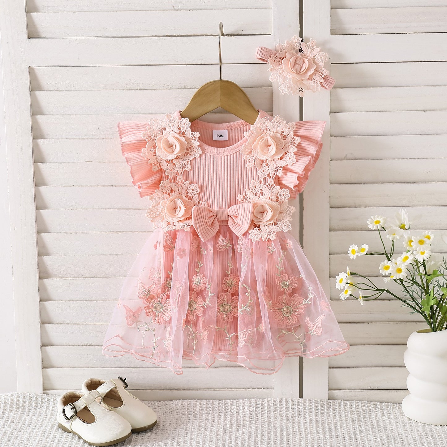 3D exclusive lace work dress with headband