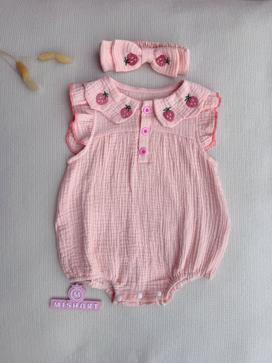 Organic cotton light pink strawberry romper set