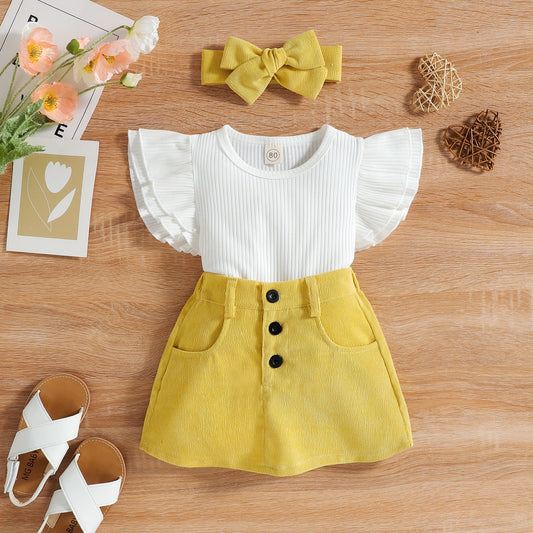 Baby flying sleeves corduroy skirt hairband set