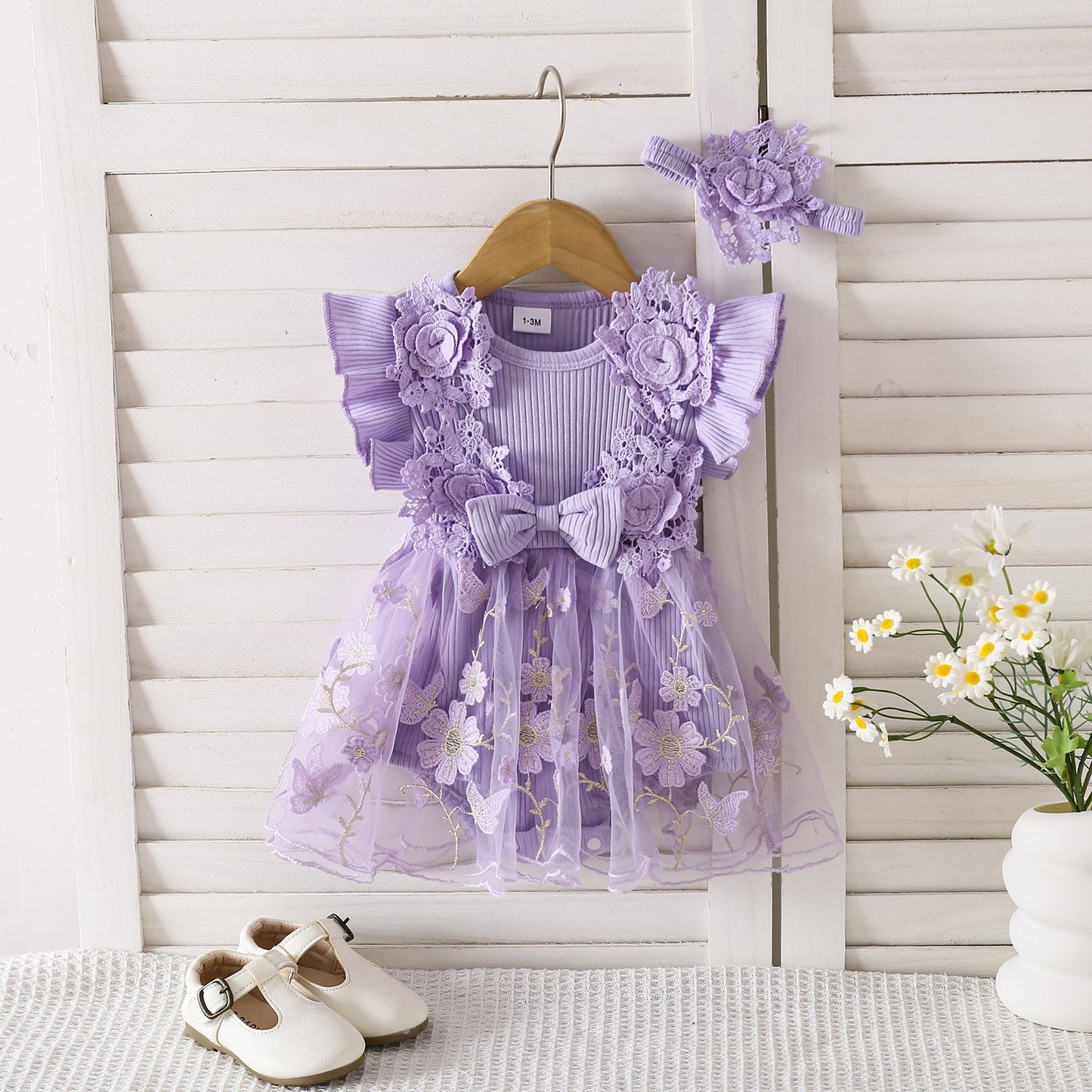 3D exclusive lace work dress with headband