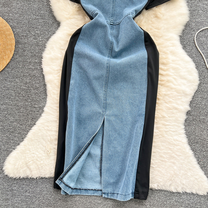 short-sleeved T-shirt with stitching denim suspender dress