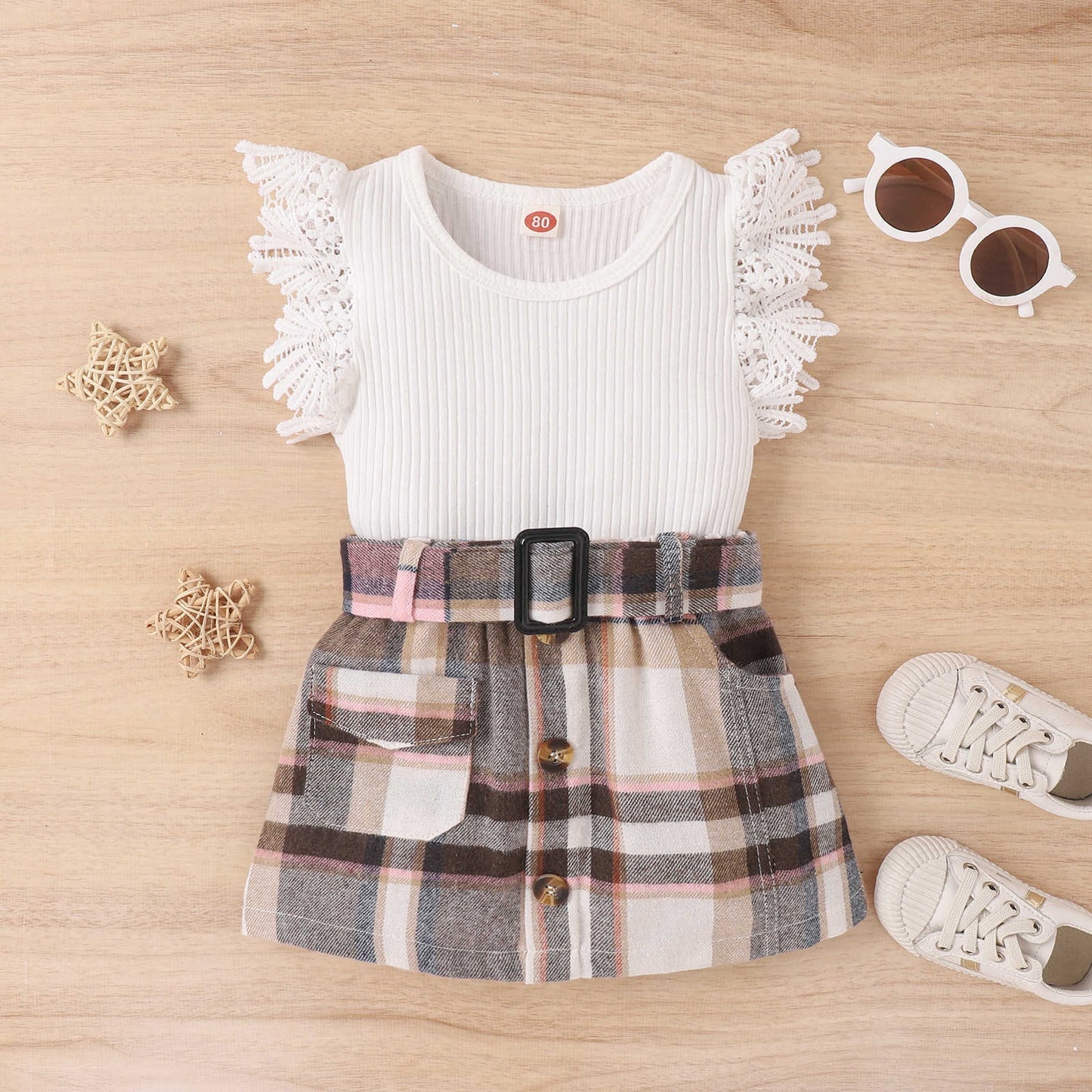 lace flying sleeve tops plaid skirt two-piece baby set