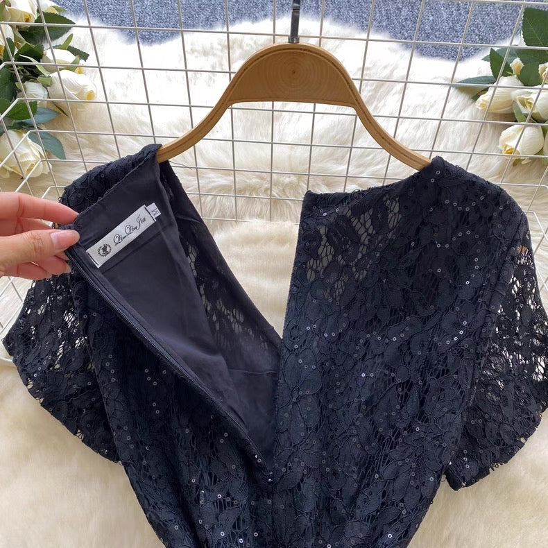 short-sleeved lace patchwork jacquard dress