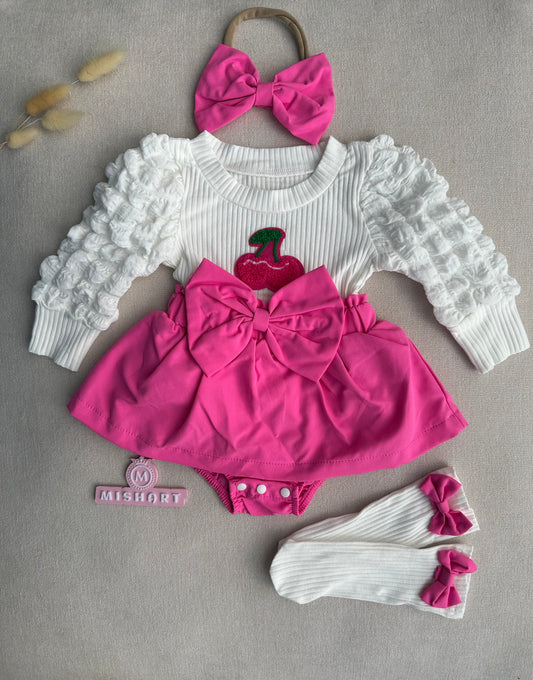 Beautiful pink cherry dress with socks & headband