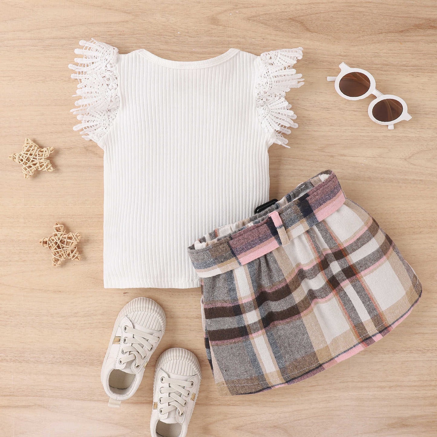 lace flying sleeve tops plaid skirt two-piece baby set