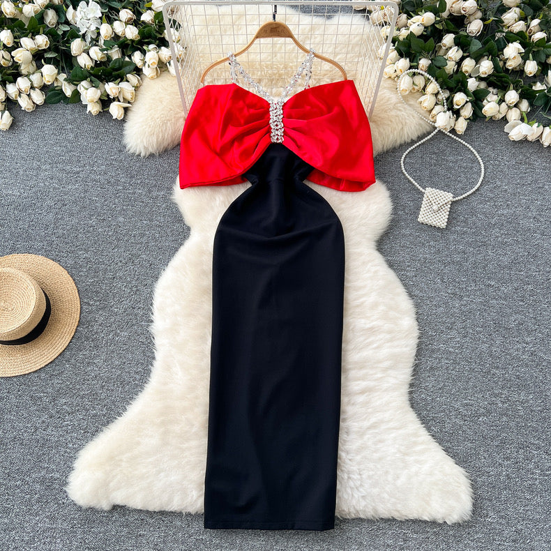 fashionable diamond chain halter bow, slim-fitting  dress