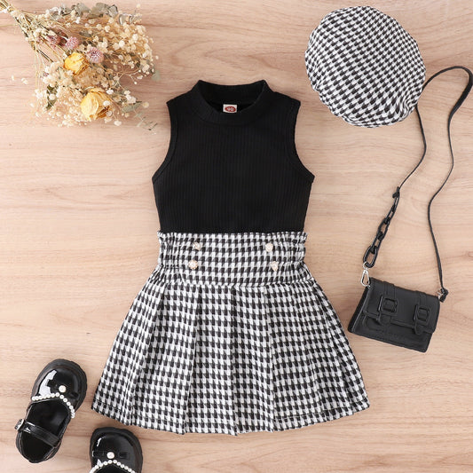children's sleeveless tops houndstooth high-waisted pleated skirts hats girls' suits