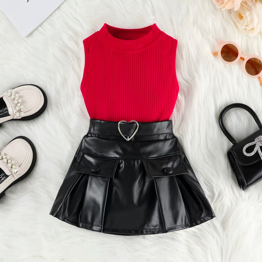 Red top & black leather skirt