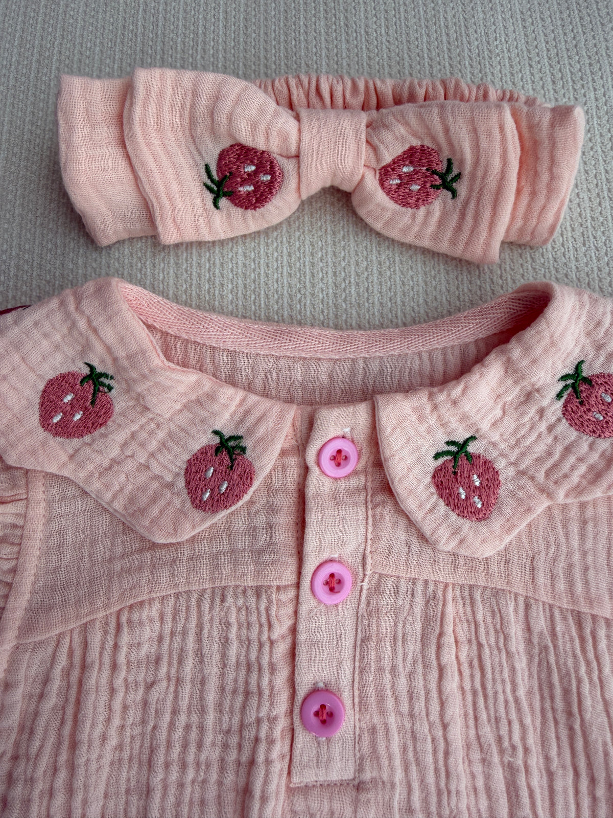 Organic cotton light pink strawberry romper set