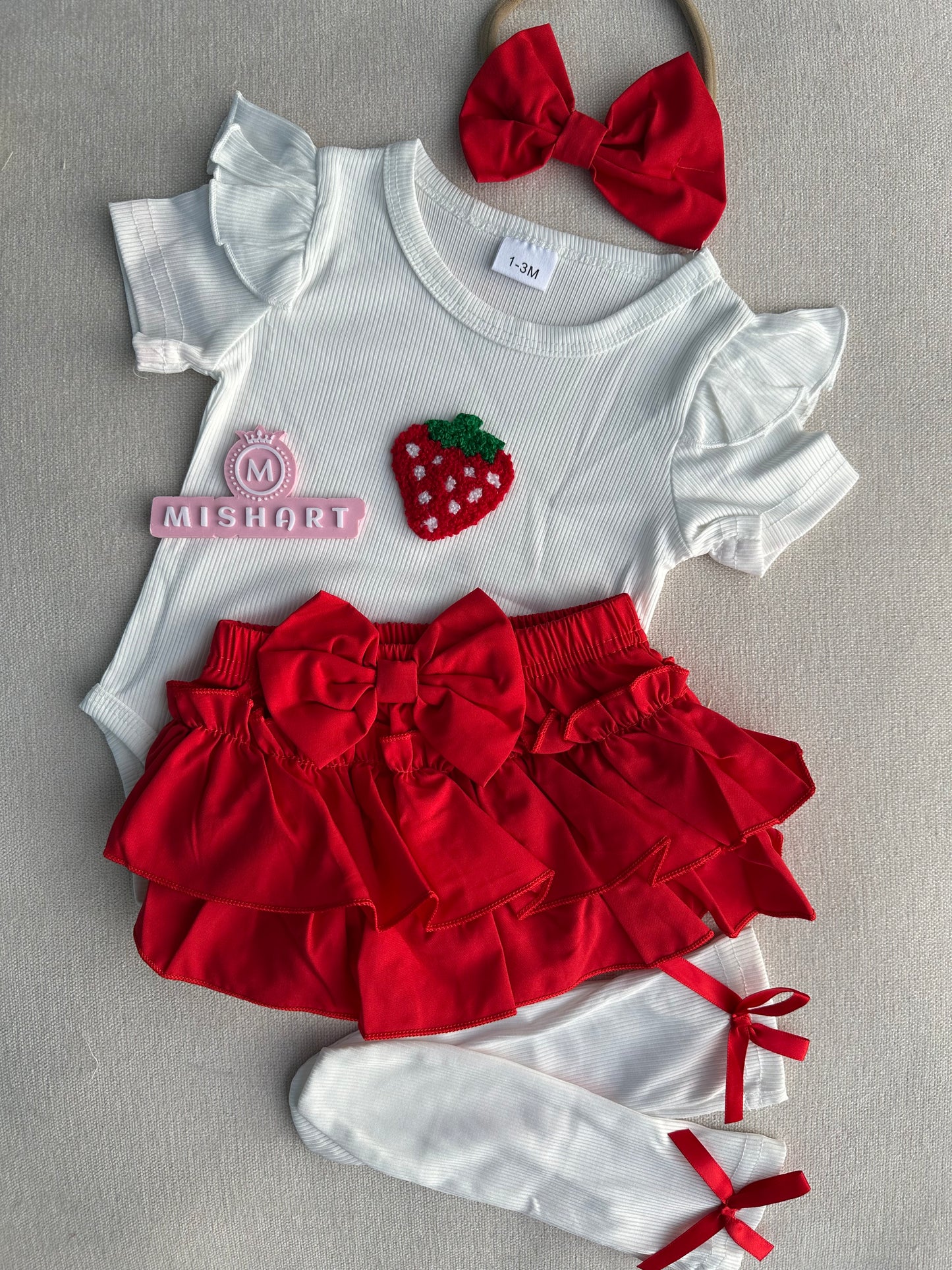 Strawberry romper skirt & socks & headband set