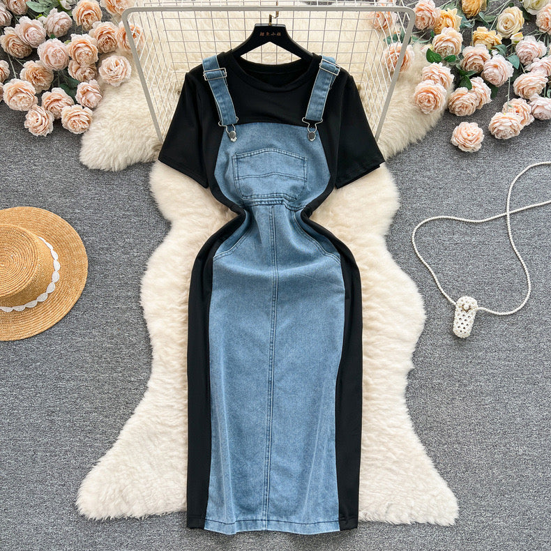 short-sleeved T-shirt with stitching denim suspender dress