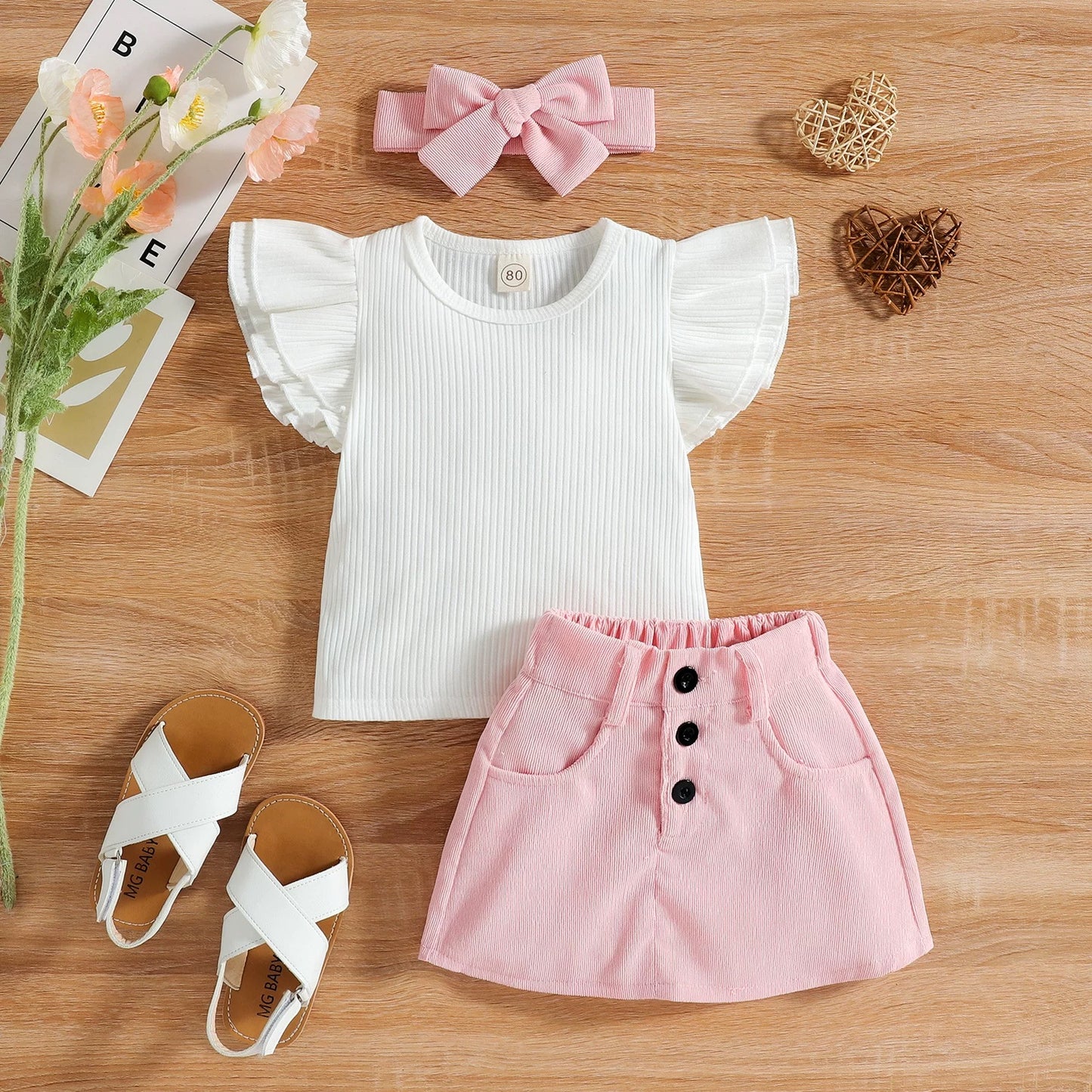 Baby flying sleeves corduroy skirt hairband set