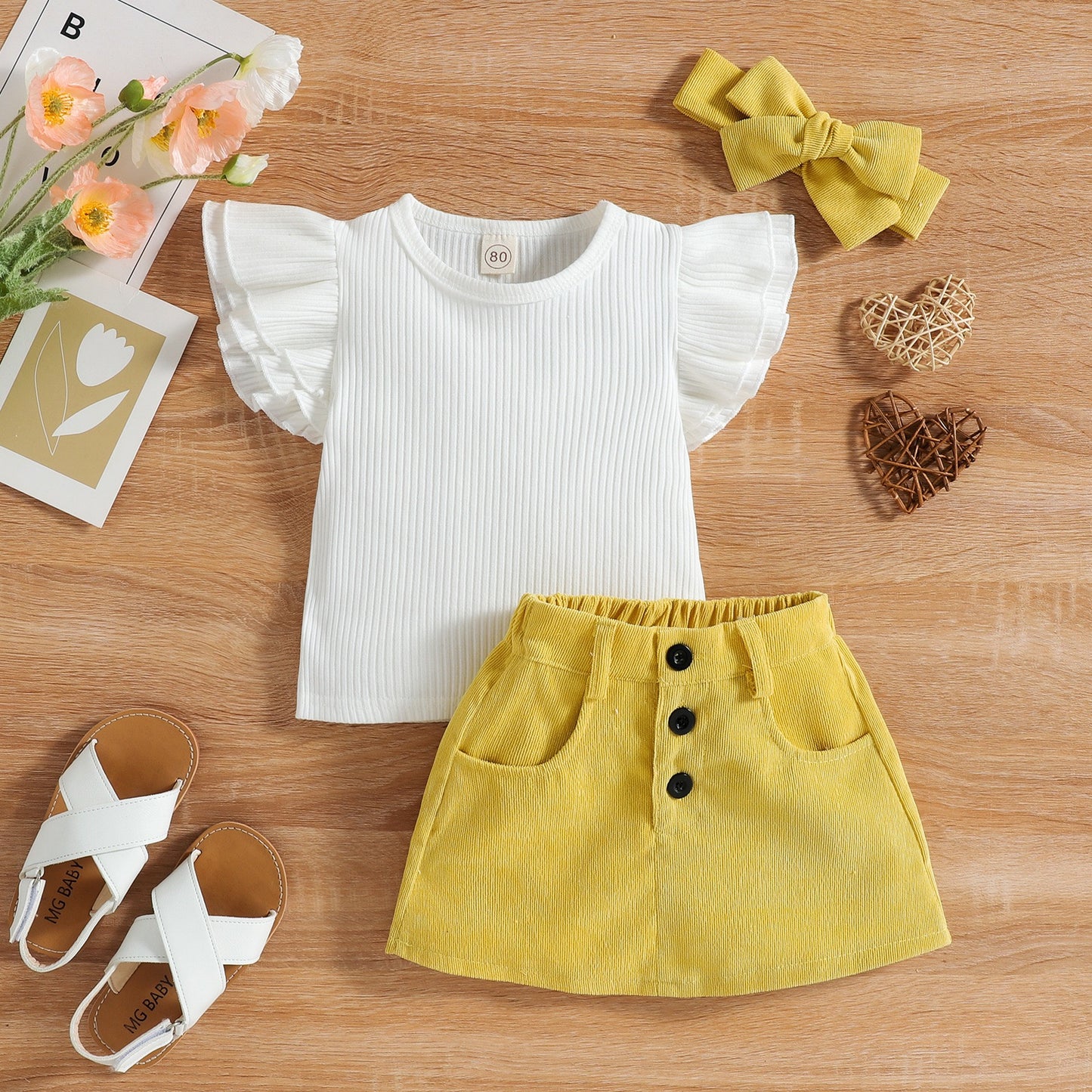 Baby flying sleeves corduroy skirt hairband set