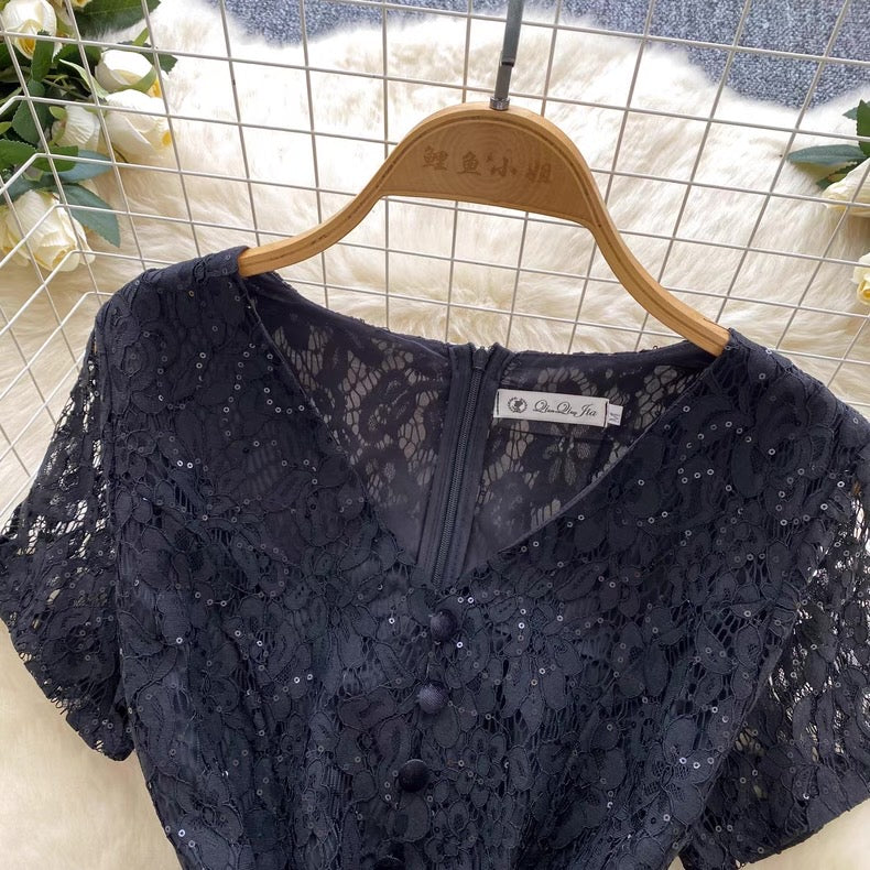 short-sleeved lace patchwork jacquard dress