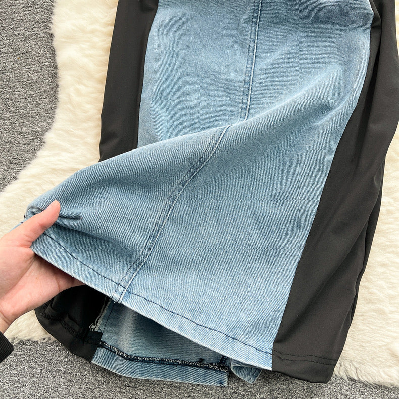 short-sleeved T-shirt with stitching denim suspender dress