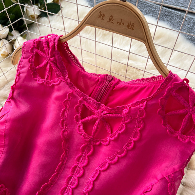 hollow lace cutwork embroidery waist stitching sleeveless dress