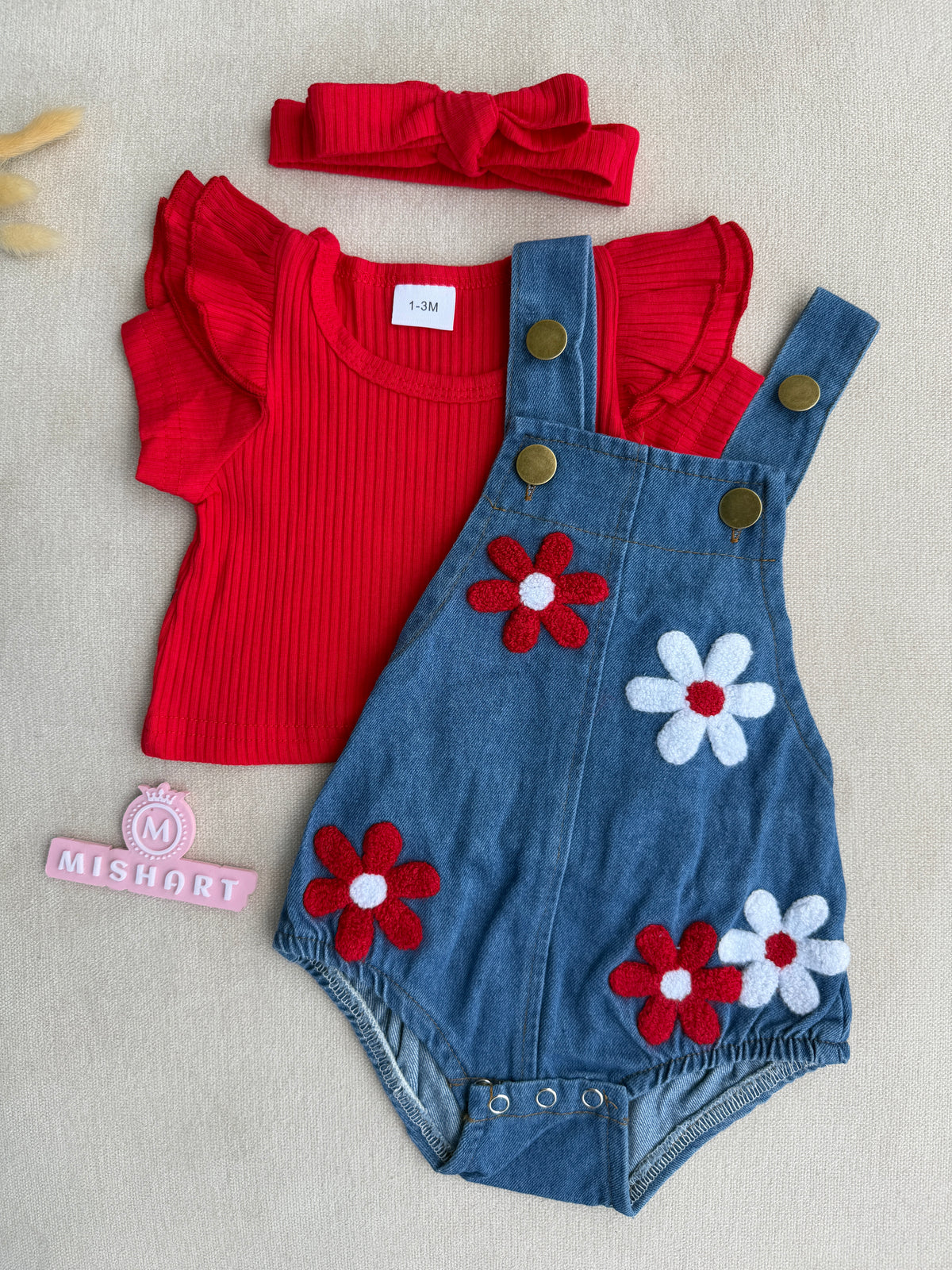 Red & Denim Floral Baby Girl Romper Set 🌸