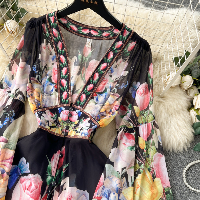 palace style  bell sleeves chiffon ruffle dress