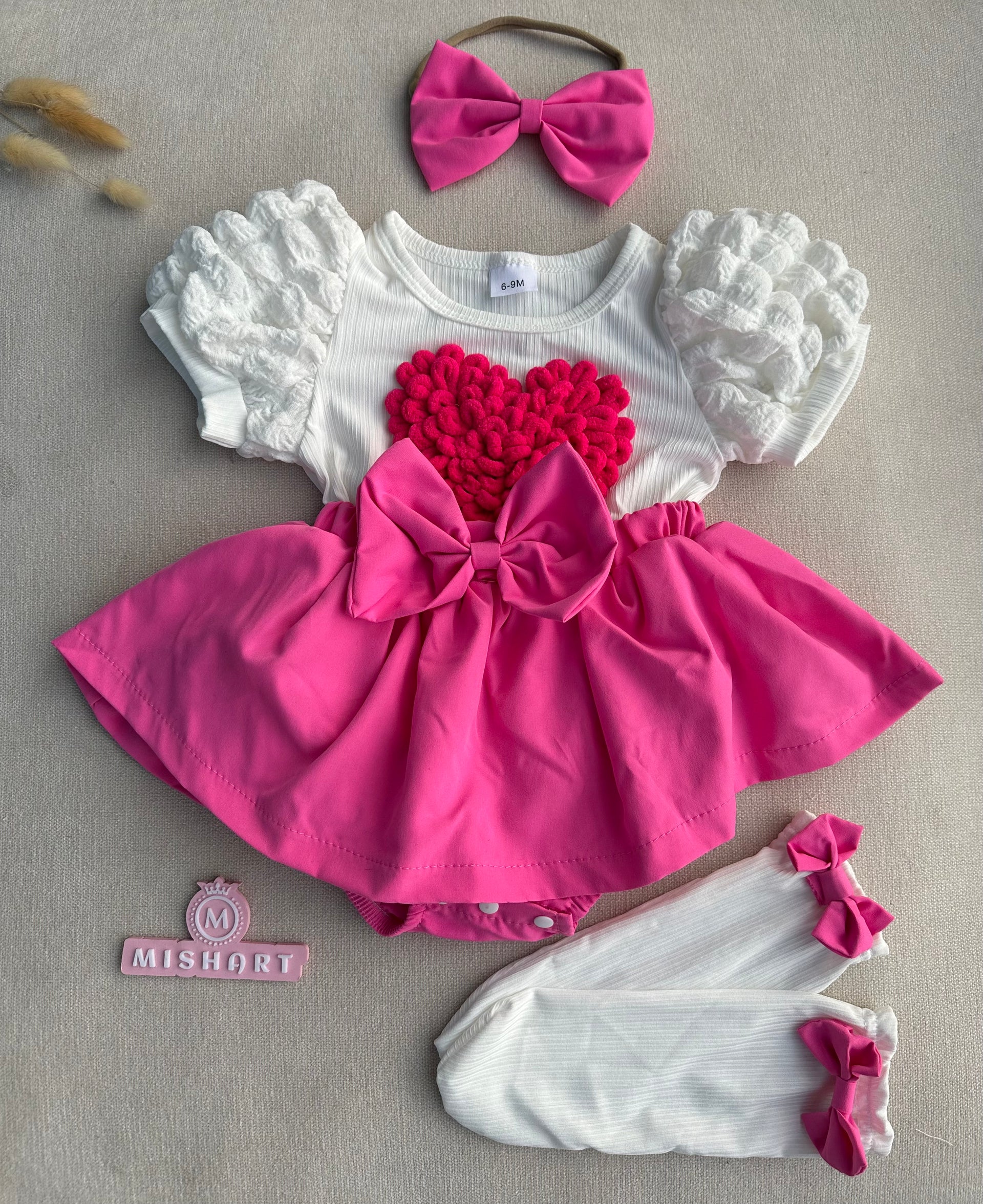 3D Cute love shape attached romper with headband & socks 2