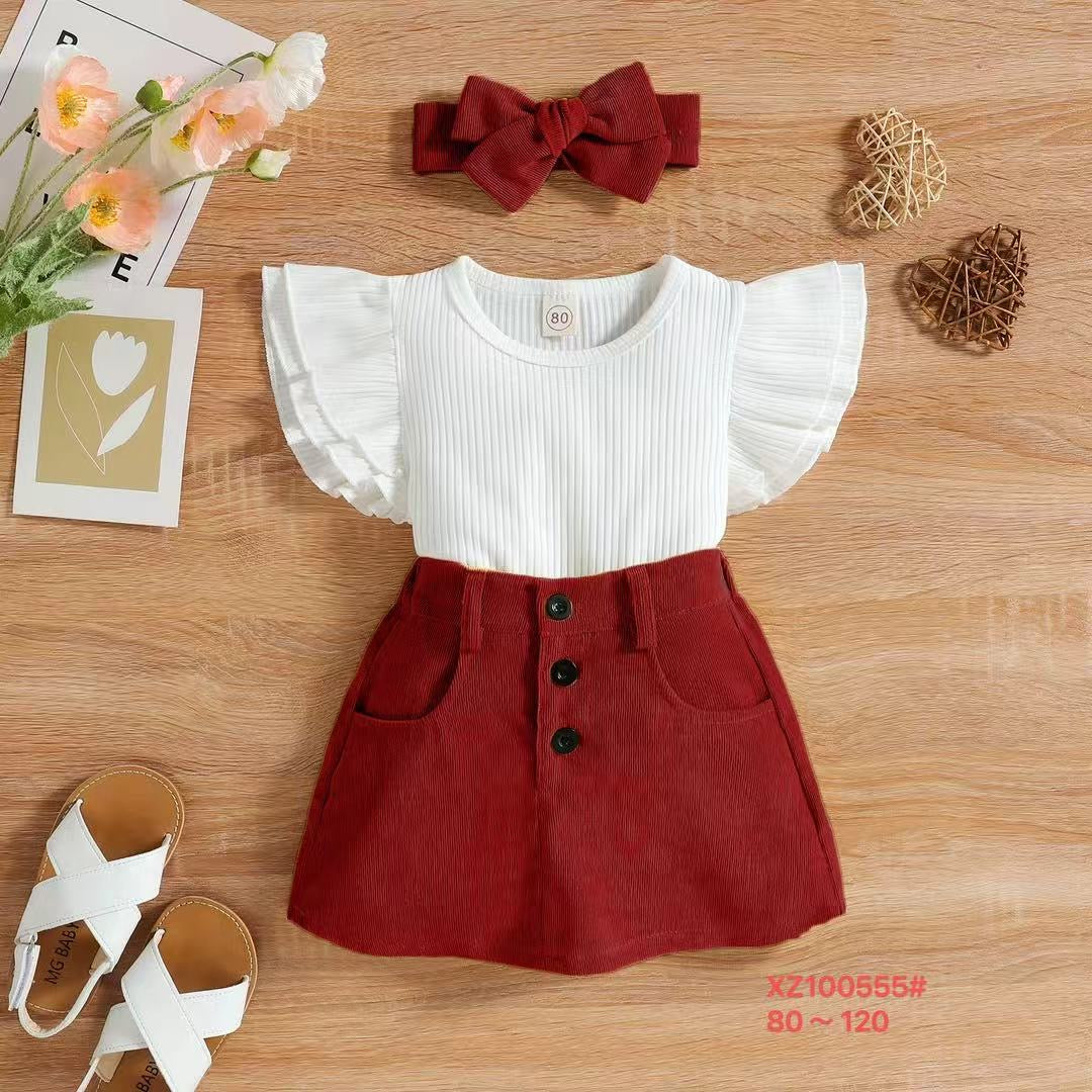 Baby flying sleeves corduroy skirt hairband set