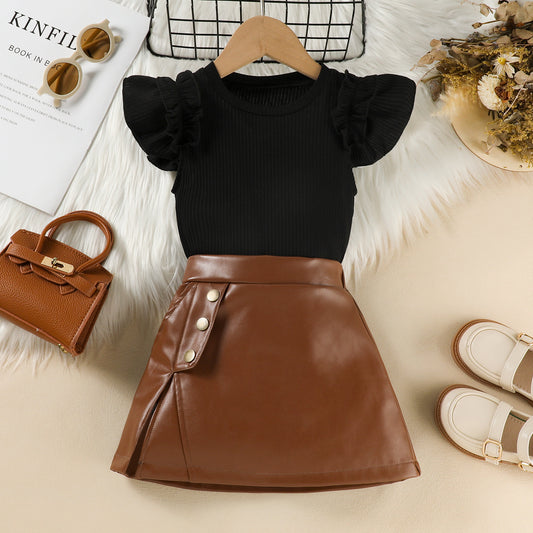 Denim skirt & black top