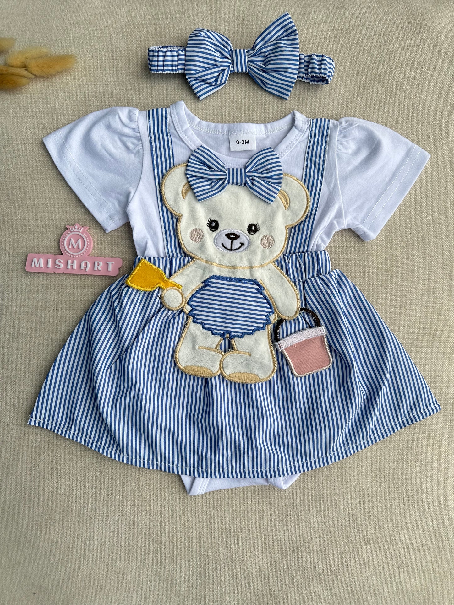 Bear stripe romper with headband