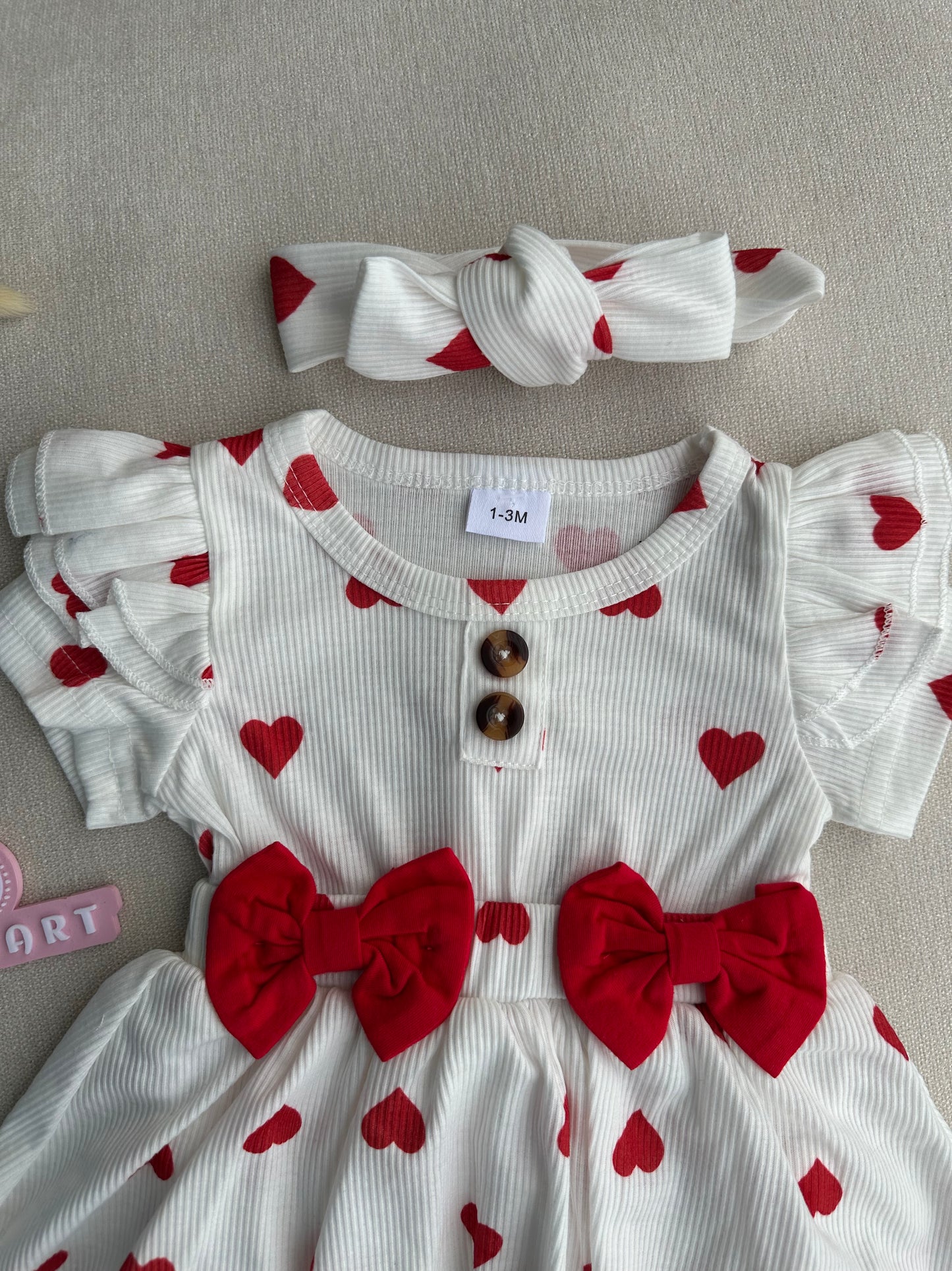Love printed bow style romper , socks, ribbon headband