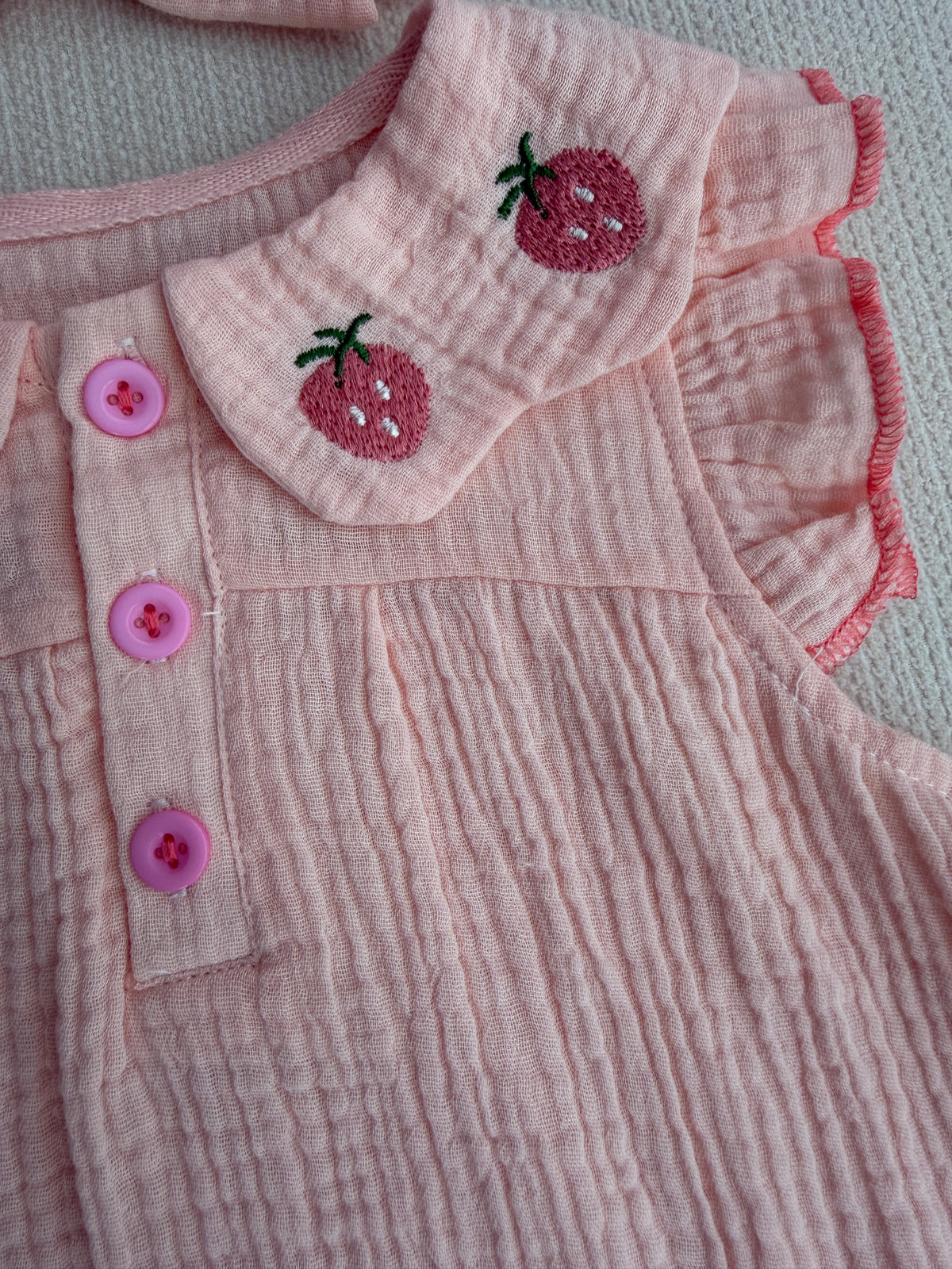 Organic cotton light pink strawberry romper set