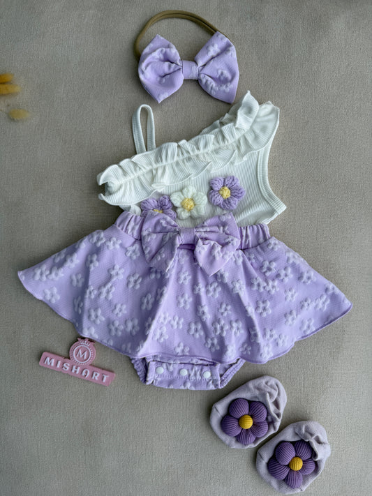 Lavender Floral Baby Girl Romper Set  (dress+headband)💜