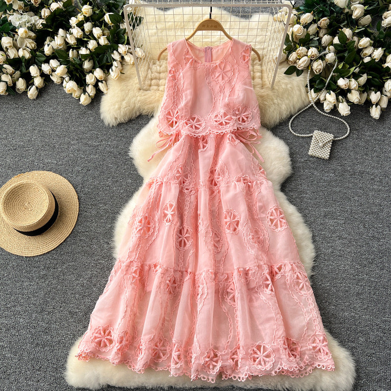 hollow lace cutwork embroidery waist stitching sleeveless dress