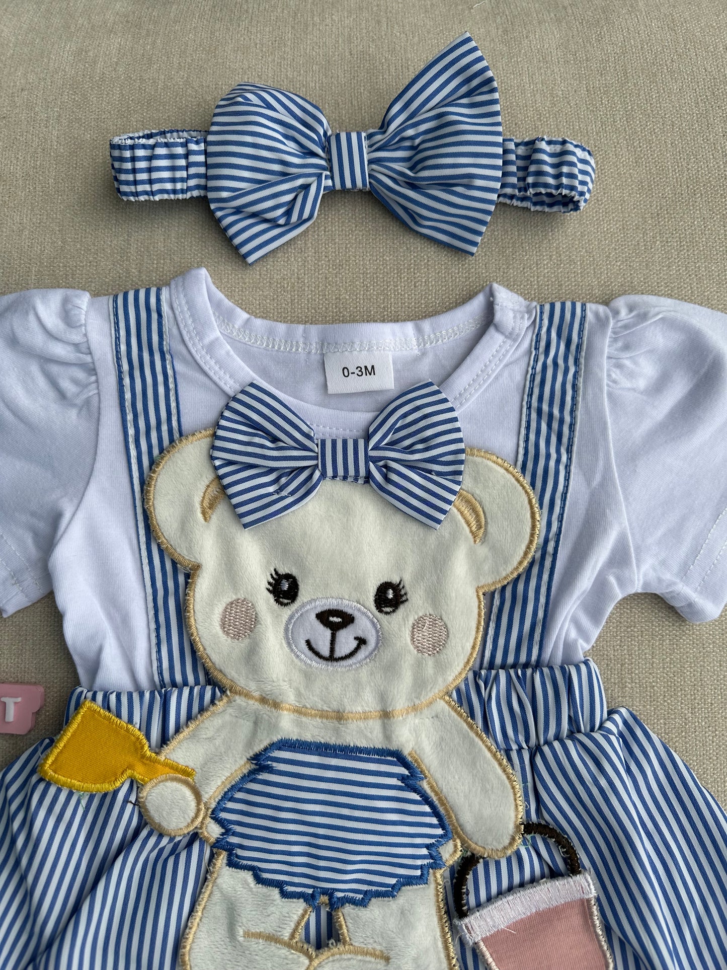 Bear stripe romper with headband