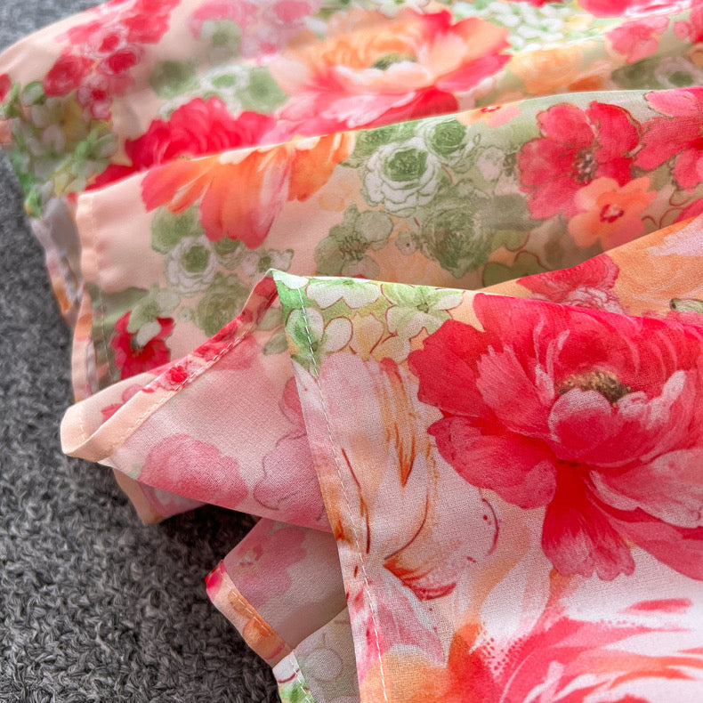 ruffled patchwork waist slimming and elegant printed chiffon dress