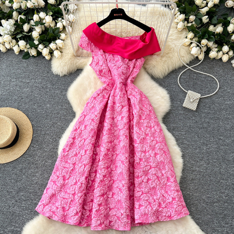 oblique shoulder jacquard wide swing dress