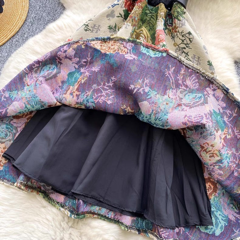 short-sleeved lace patchwork jacquard dress